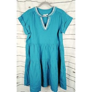 Chico's Teal Beaded Linen Tiered Dress 2 Womens US 12 Midi Ruffle Short Sleeves